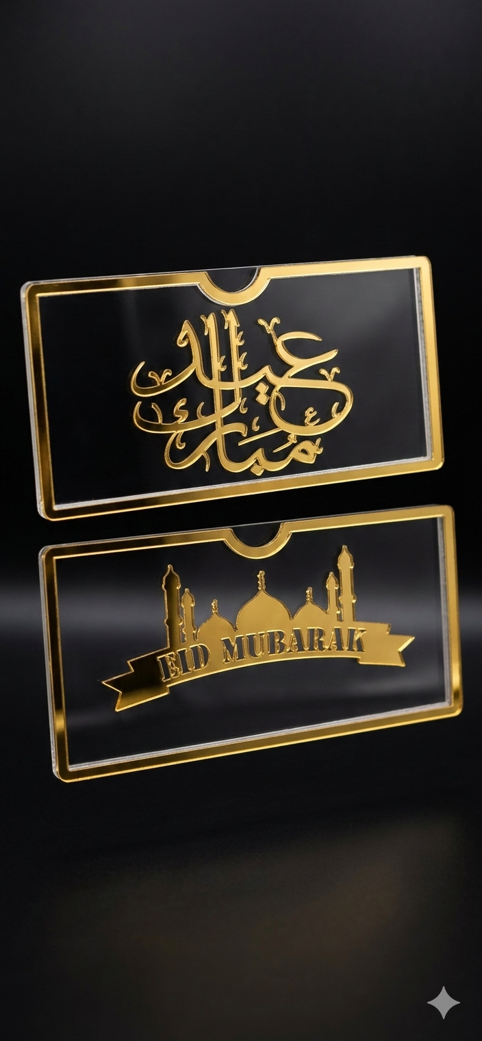 Luxury Acrylic Eidi Envelope - Gold Mirror Calligraphy Cash Gift Box"