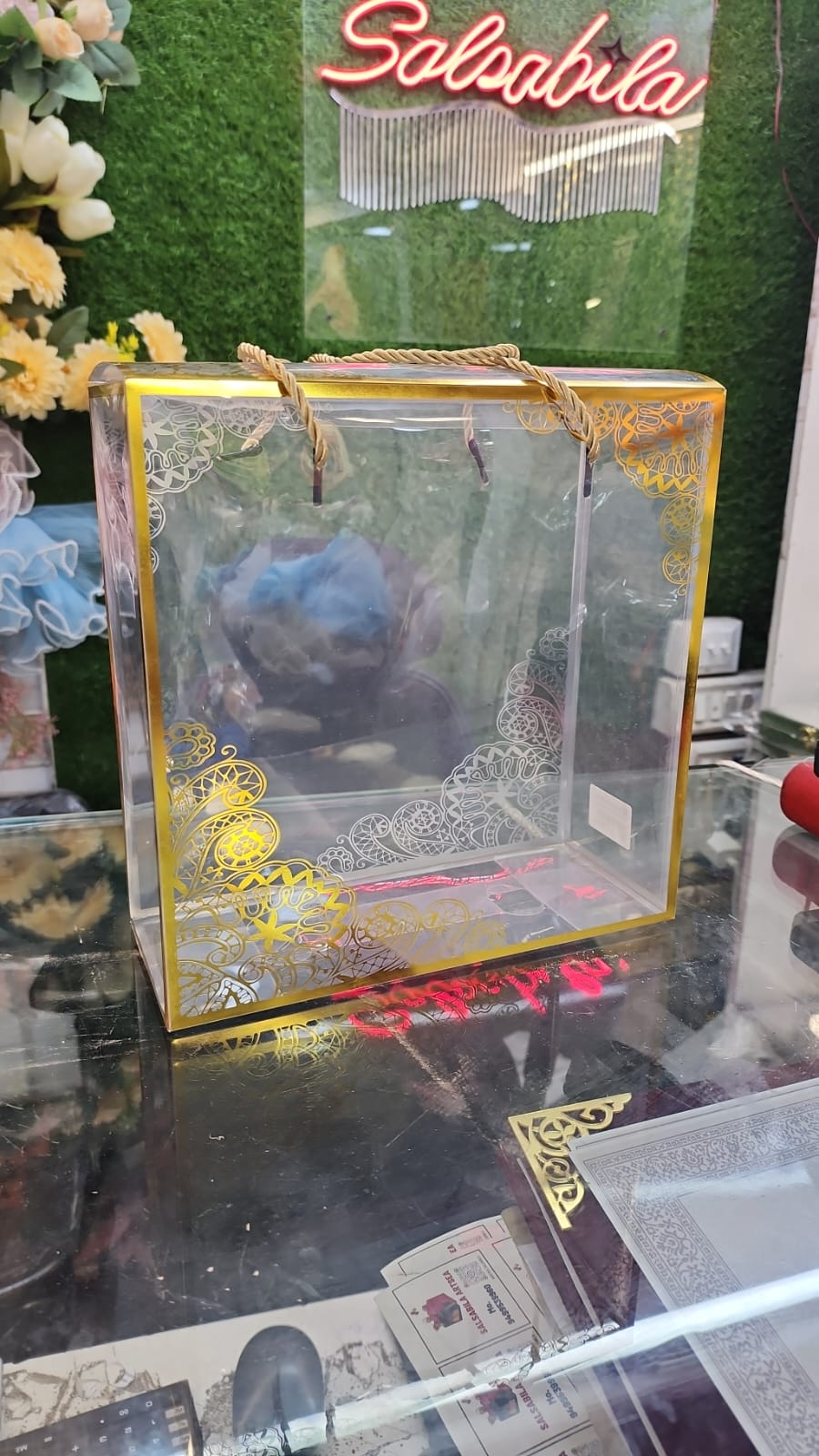 Printed  transparent hamper box with  golden boarder