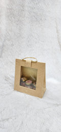 jute gift bag with a clear window panel