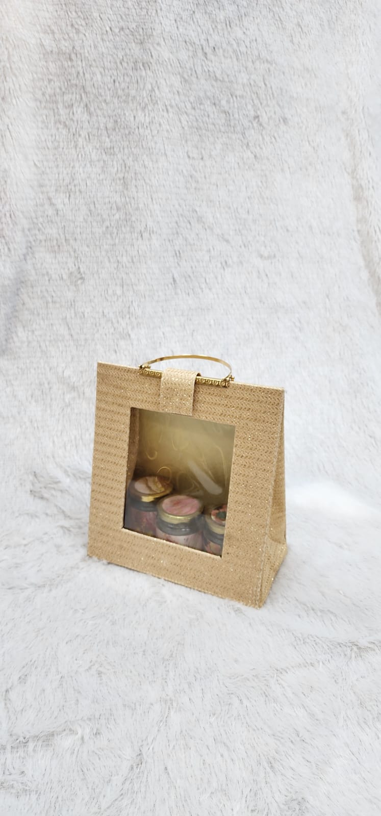 jute gift bag with a clear window panel