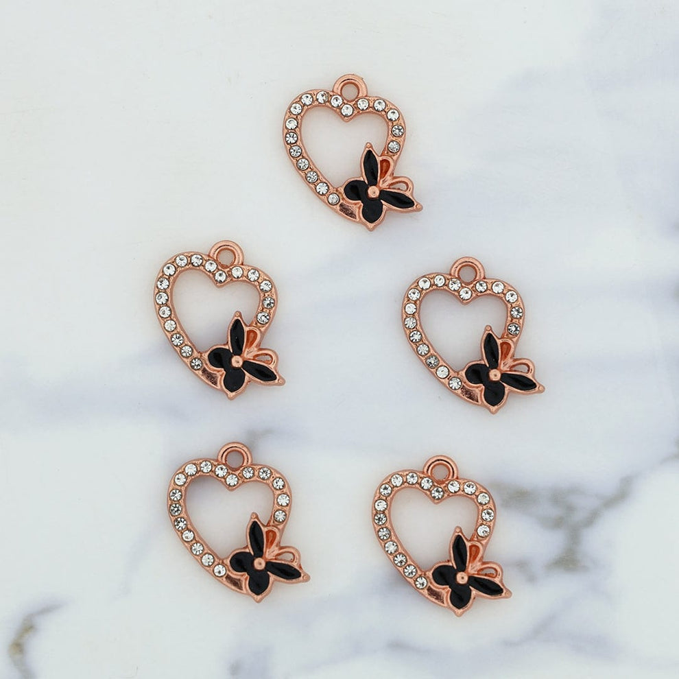 5Pcs Heart With Butterfly Charm Bezels With Black Enamel.