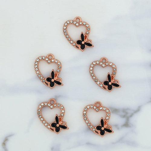 5Pcs Heart With Butterfly Charm Bezels With Black Enamel.