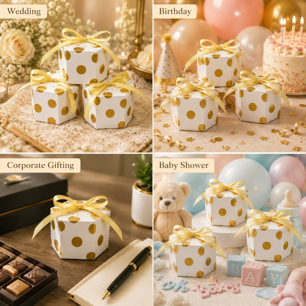 Hexagon Paper Gift Box with Ribbon, Gift Packaging Box for Wedding Return Gifts, Birthday Favours, Chocolate, Dry Fruit, Jewellery, Cosmetics, Baby Shower & Festive Hamper Packing