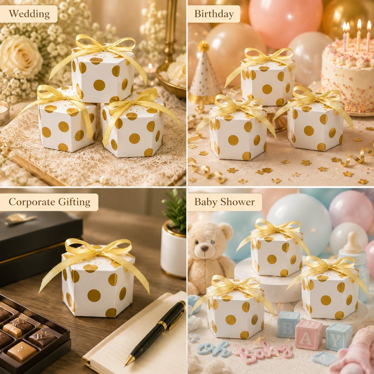 Hexagon Paper Gift Box with Ribbon, Gift Packaging Box for Wedding Return Gifts, Birthday Favours, Chocolate, Dry Fruit, Jewellery, Cosmetics, Baby Shower & Festive Hamper Packing
