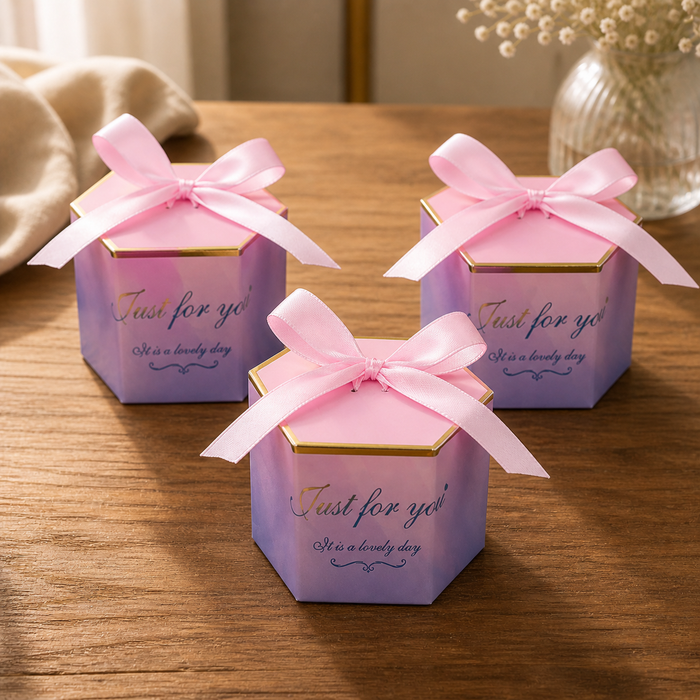 Hexagon Paper Gift Box with Ribbon, Gift Packaging Box for Wedding Return Gifts, Birthday Favours, Chocolate, Dry Fruit, Jewellery, Cosmetics, Baby Shower & Festive Hamper Packing