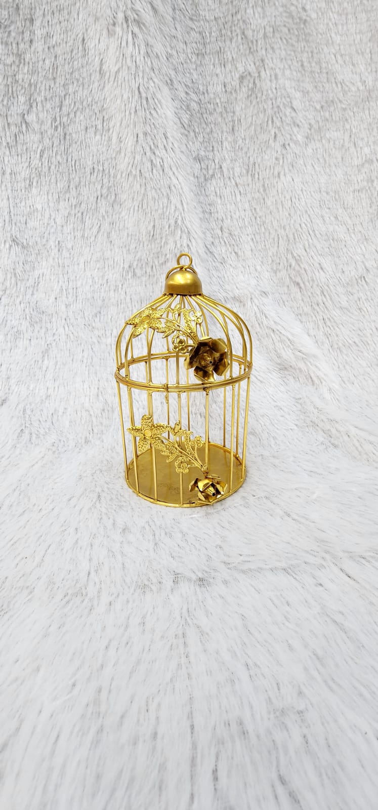Golden Metal Bird Cage with Floral Vine Decorative Hanging