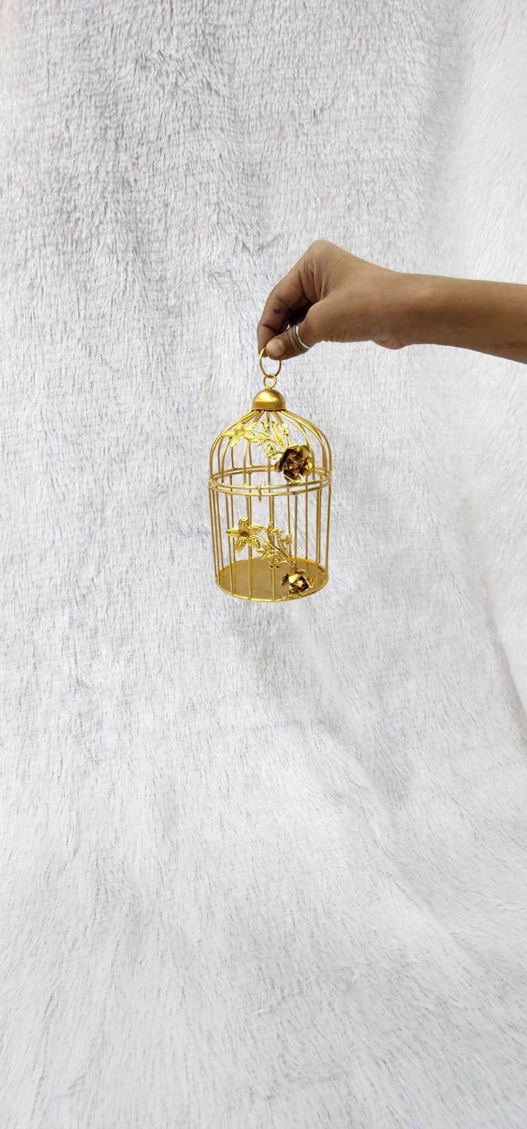 Golden Metal Bird Cage with Floral Vine Decorative Hanging
