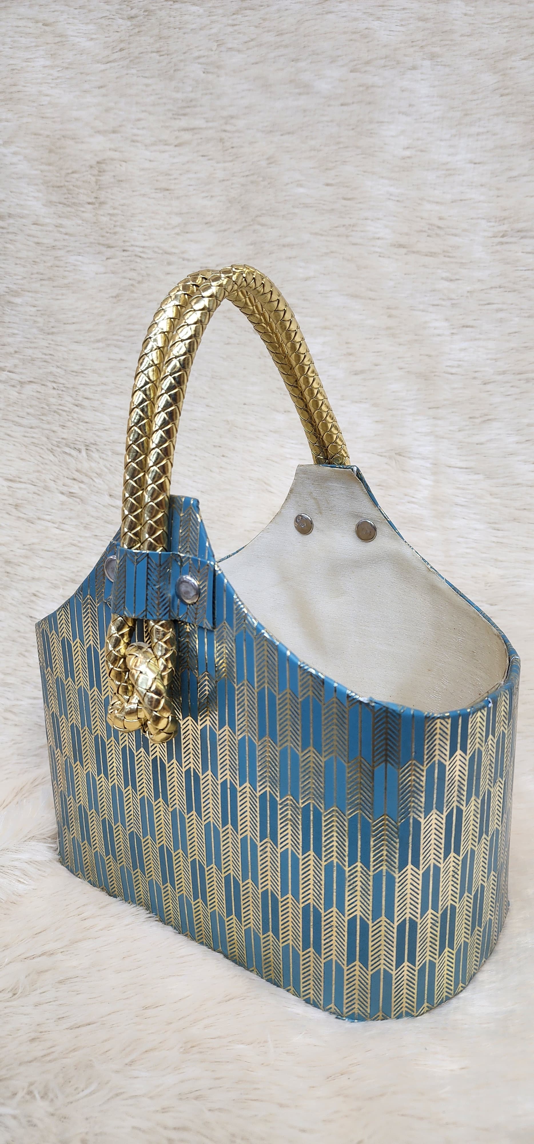 Wooden gift hamper basket with a braided handle