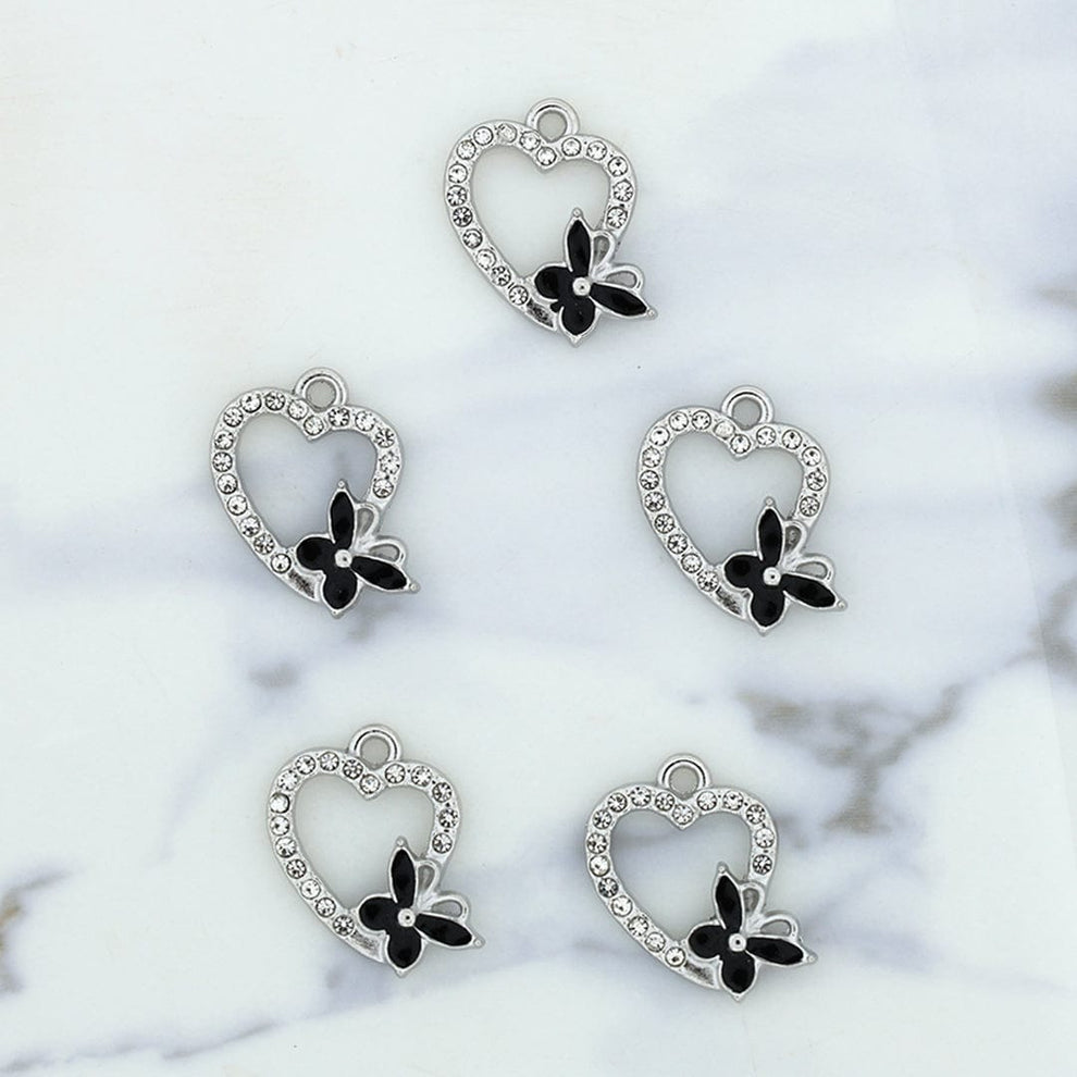 5Pcs Heart With Butterfly Charm Bezels With Black Enamel.