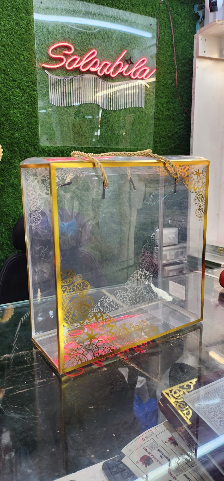 Printed  transparent hamper box with  golden boarder