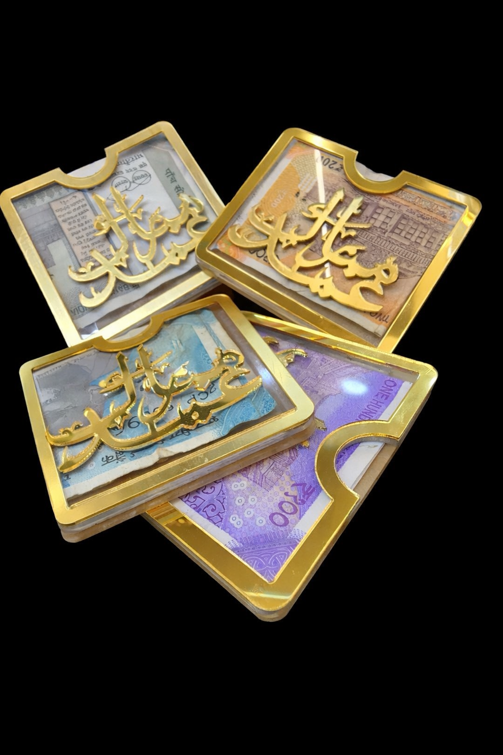 "Premium Acrylic Eid Mubarak Money Holder - Gold Calligraphy"