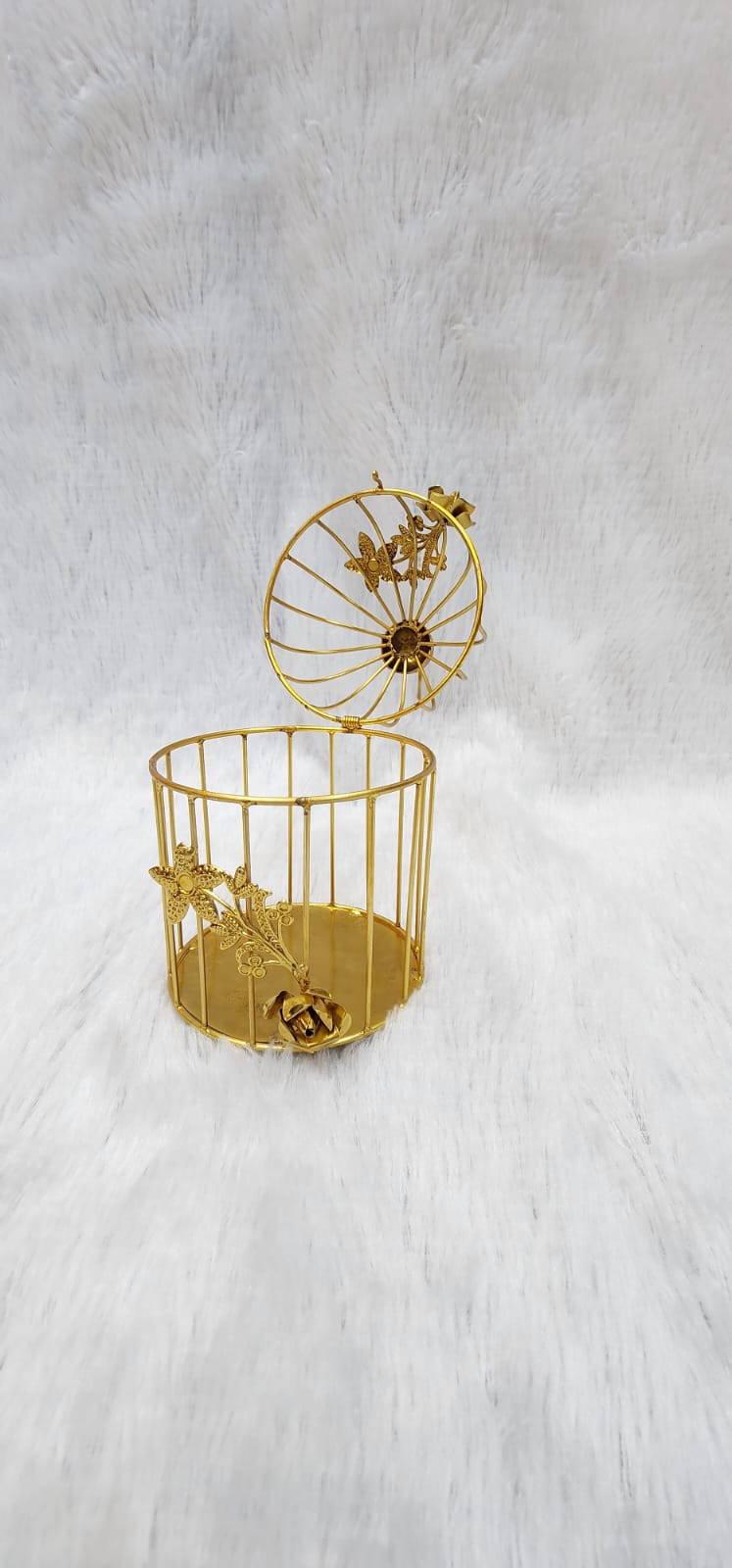 Golden Metal Bird Cage with Floral Vine Decorative Hanging