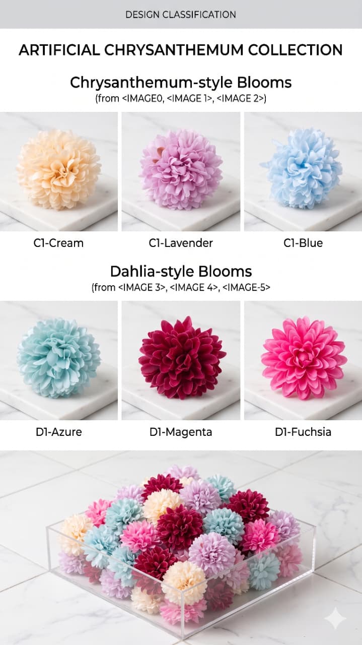 Premium Faux Floral Bloom Collection – Artificial Chrysanthemum & Dahlia Heads